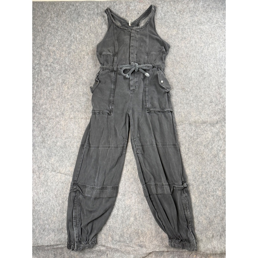 Free People Jumpsuit Womens S Black Cotton Herringbone Utility Cargo Racerback